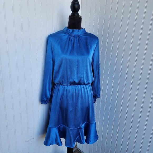 NWT BTFBM Blue Turquoise 3/4 Sleeve Satin Mini Stretch Dress A-Line Ruffle Hem L - Picture 3 of 16